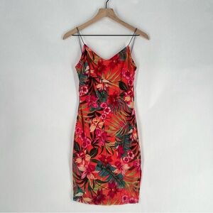 Papaya Coral Green Mesh Tropical Floral Print Spaghetti Strap‎ V-Neck Mini Dress